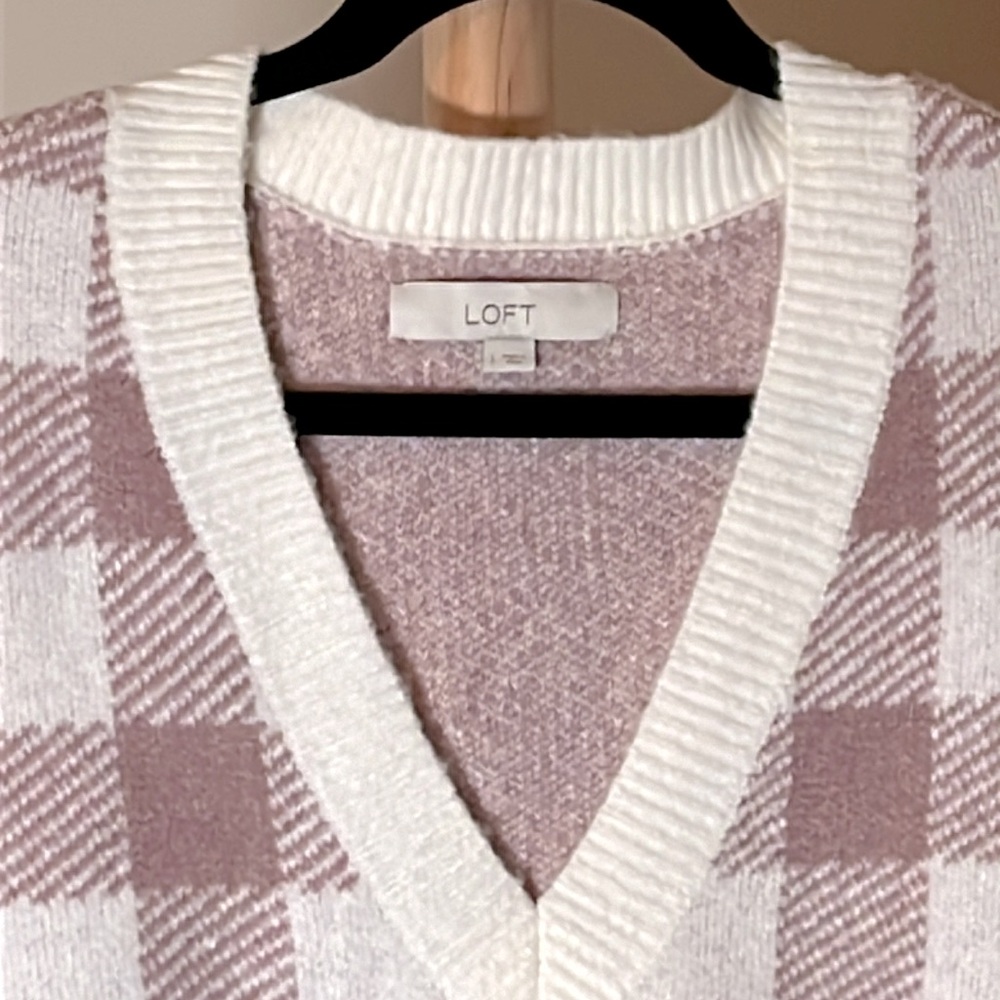 Loft L Beautiful taupe/cream buffalo check V-neck chunky and fuzzy. So so soft! - Picture 3 of 4